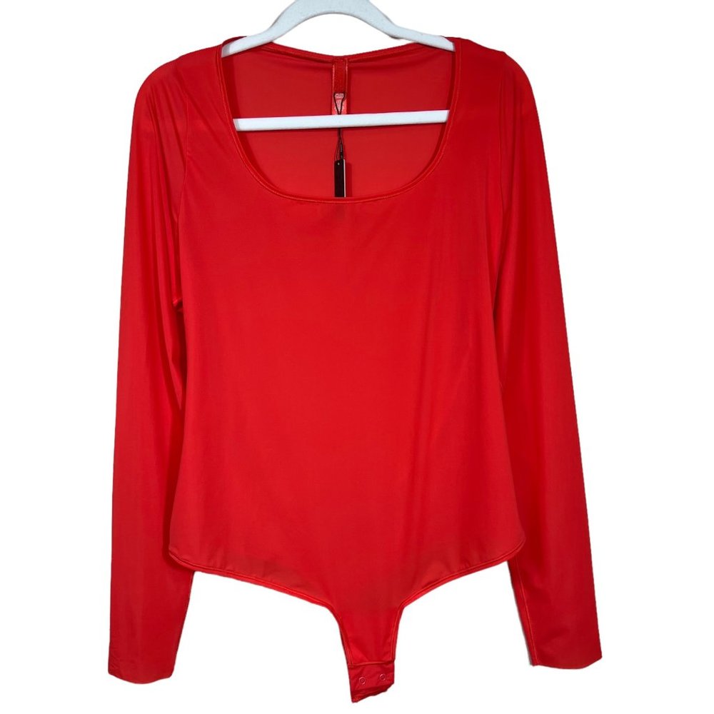 SKIMS Jelly Sheer Bodysuit Long Sleeve Scoop Neck Thong Poppy Women's 2X
